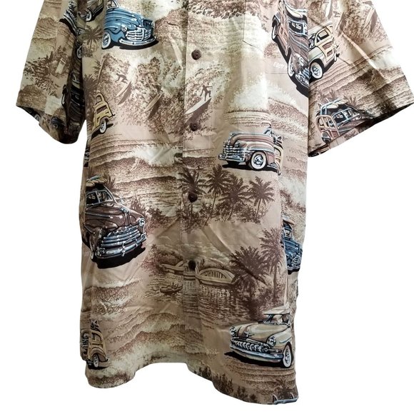 Kai Hawaii Hawaiian Shirt Woodie Wagon Car Beach Palm Tree 2XL XXL Brown Button - Picture 2 of 10